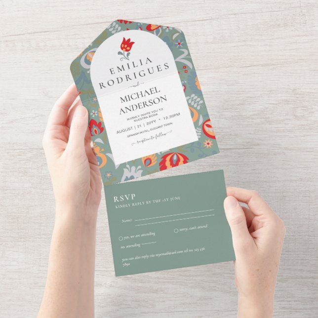 Invitación de Boda Español Inglés Rsvp FOLKART (Aba destacável)