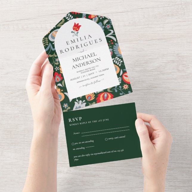 Invitación de Boda Español Inglés Rsvp FOLKART (Aba destacável)