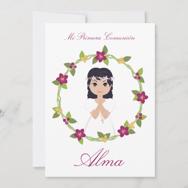 Invitación Niña Primera Comunión con Orla Floral (Frente)