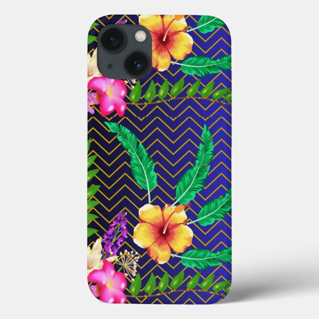 iPhone 13 Case, Blue background Red, Yellow Flower (Verso)