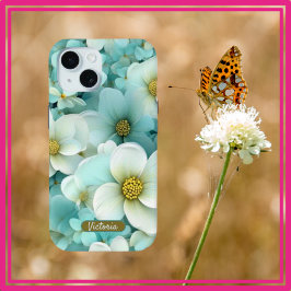 iPhone 15 Case Green & White Floral Design e Name