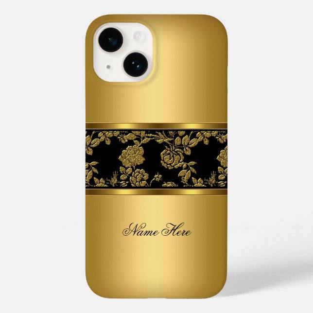 iPhone Elegante Chique Dourado Preto Floral (Verso)