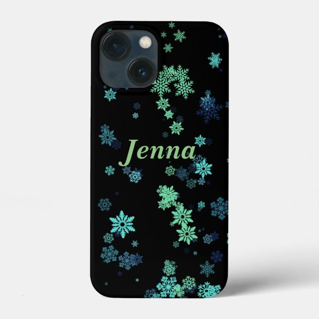 iPhone Preto com Flocos de Neve Verde e Azul (Verso)