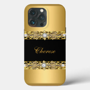 iPhone Preto Floral Falso Dourado