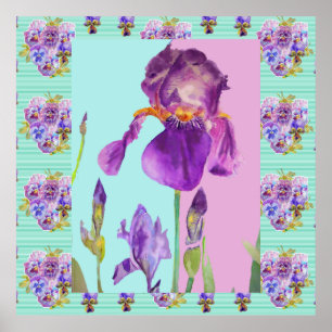 Iris Watercolor Flor Painting Aqua Poster Verde