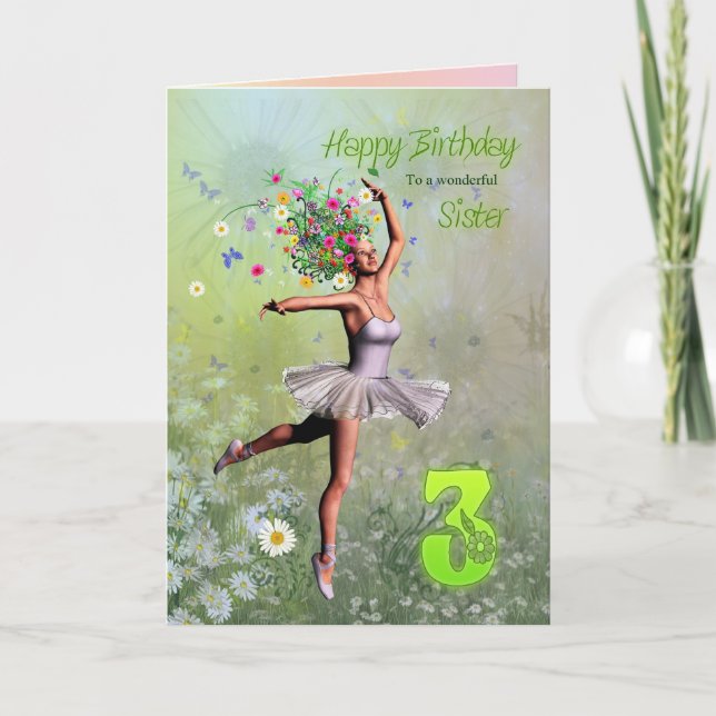Irmã 3, cartão de aniversário de fada de flores (Frente)