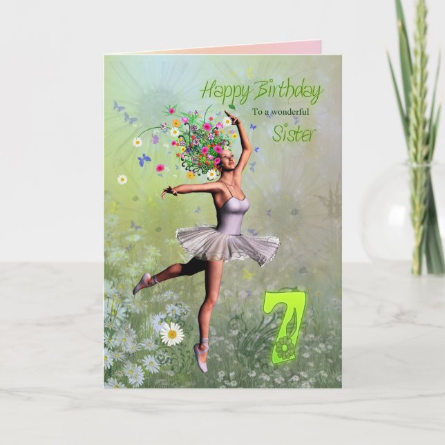 Irmã 7, cartão de aniversário de fada de flores (Frente)