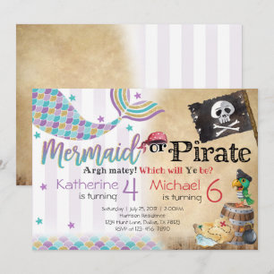 Irmãos Convites de aniversário piratas da Mermaid