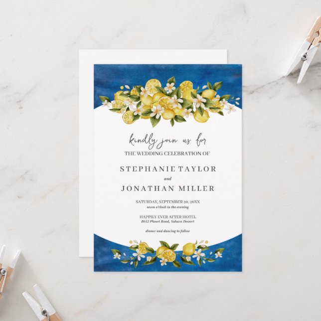 Italia Blue Watercolor Lemon Convite para Casament (Frente/Verso In Situ)