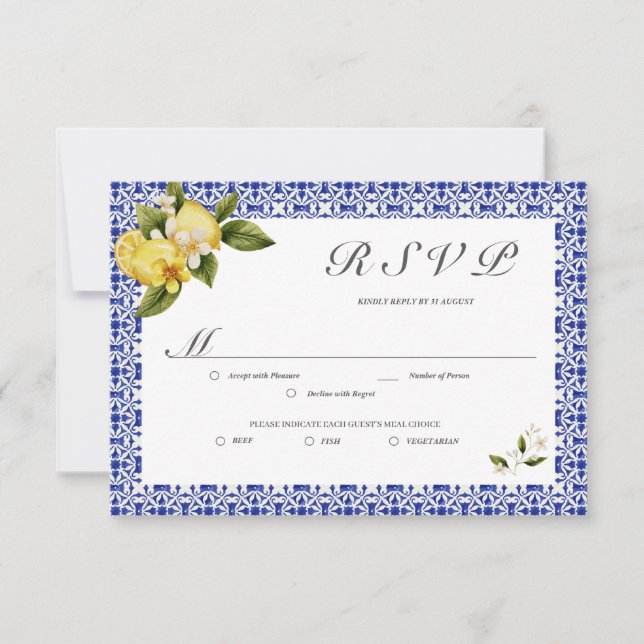 Italia Blue Watercolor Lemon RSVP Card (Frente)