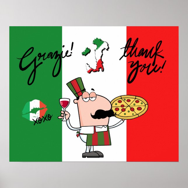 Itália Grazie Pizza Chef Wine Kiss XOXO Art Poster (Frente)