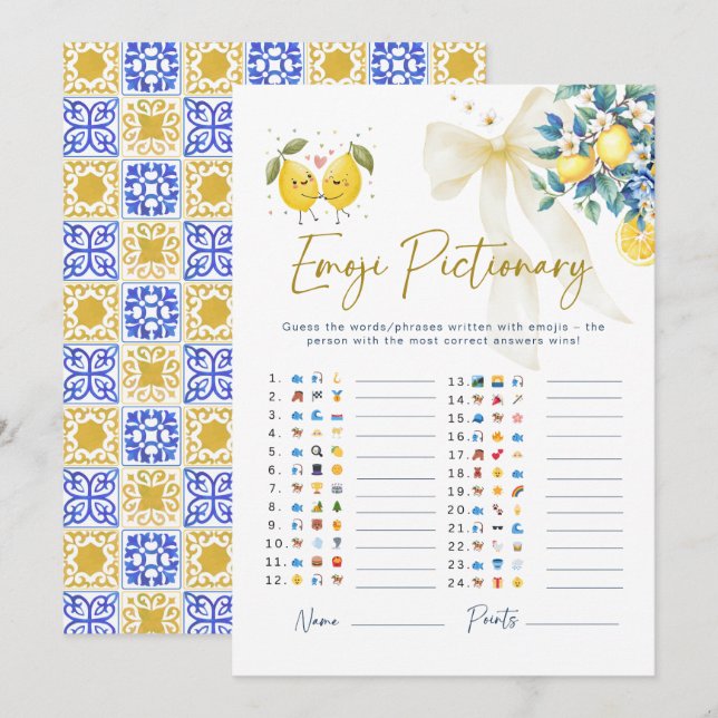 Italian Amalfi Lemon Emoji Pictionary Baby Shower  (Frente/Verso)