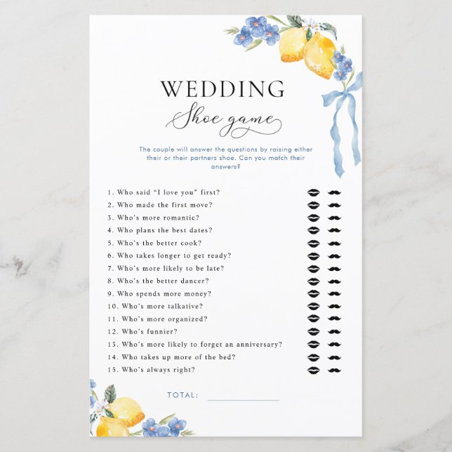 Italian Blue Bow & Lemons Bridal Wedding Shoe Game (Frente)