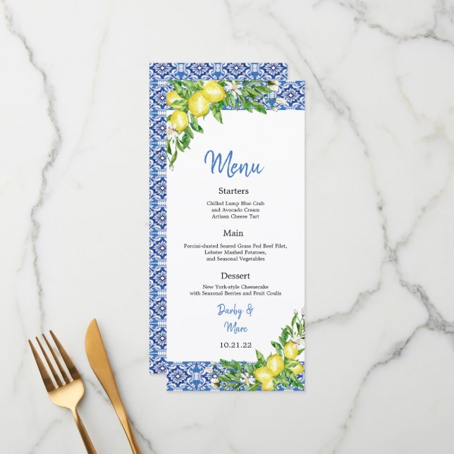 Italian Blue tile Lemon Wedding Reception menu (Frente/Verso In Situ)