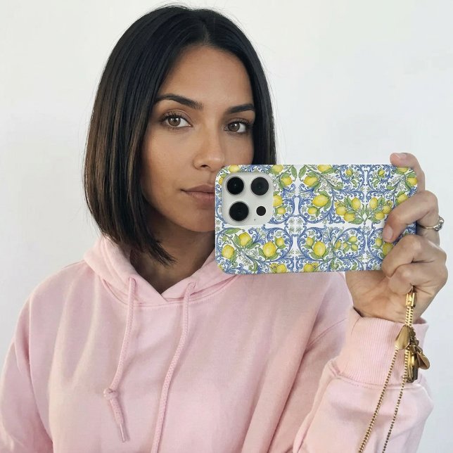 Italian Mediterranean Blue Tile Lemon Pattern (Italian Mediterranean Blue Tile Lemon Pattern iPhone 15 Pro Case)