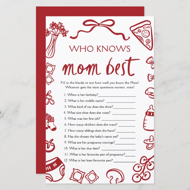Italian Who Knows Mommy Best Baby Shower Game (Frente/Verso)