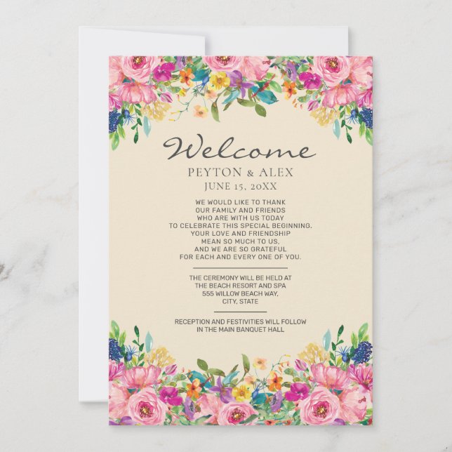 Itinerário de Boas-vindas de Casamento com Flores  (Frente)