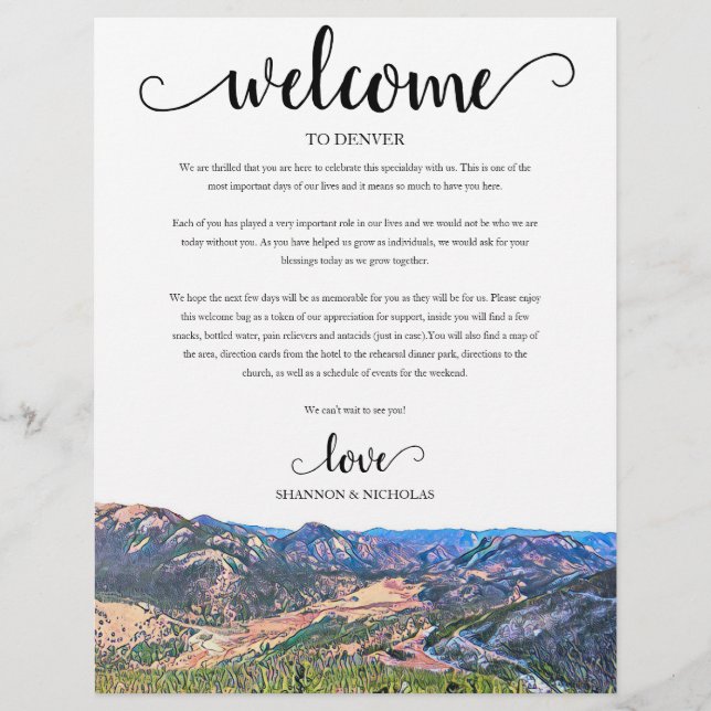 Itinerário de Boas-vindas do Colorado Wedding Week (Frente)