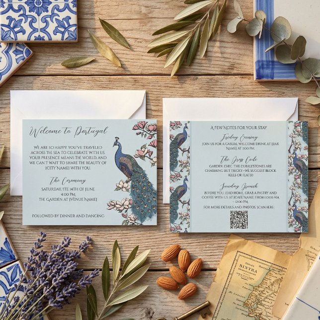 Itinerário de Casamento com Pavão Desenhado à Mão  (Wedding Itinerary with hand-drawn peacocks and magnolias in a French blue Vintage style)