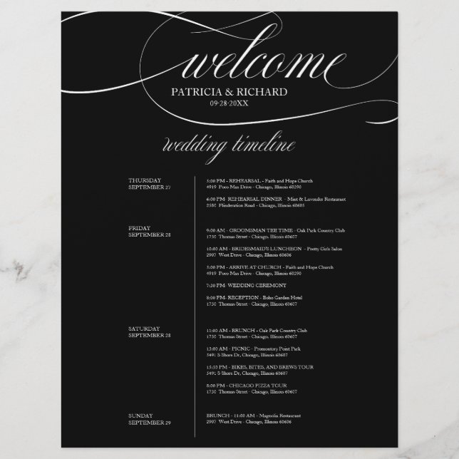 Itinerário de Casamento de 4 Dias Chic Preto e Bra (Frente)