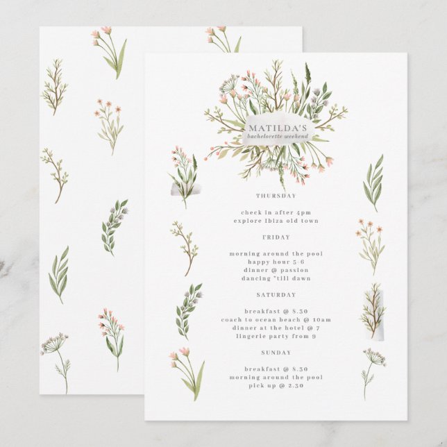 itinerário de fim de semana da Bachelorette floral (Frente/Verso)