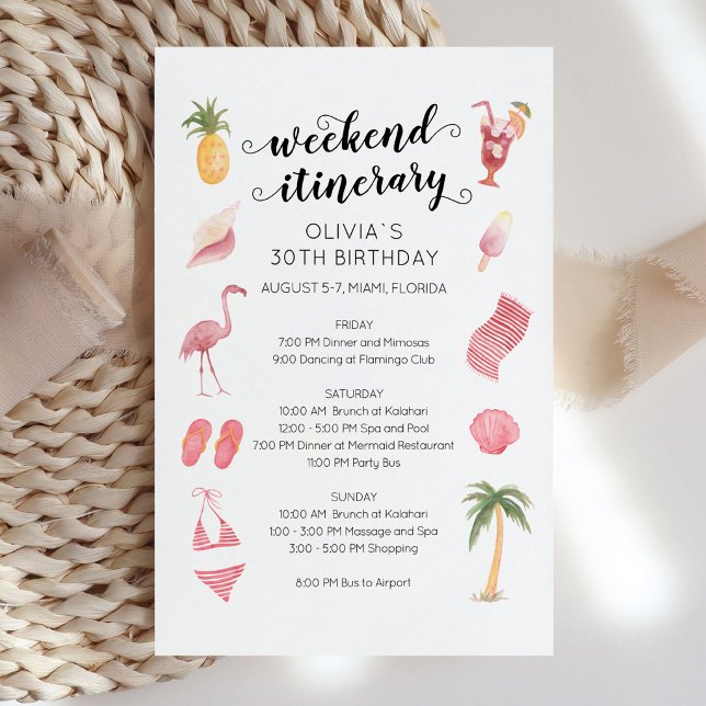 Itinerário de Fim de Semana de Aniversário na Prai (Watercolor Beach Birthday Weekend Itinerary invitation)