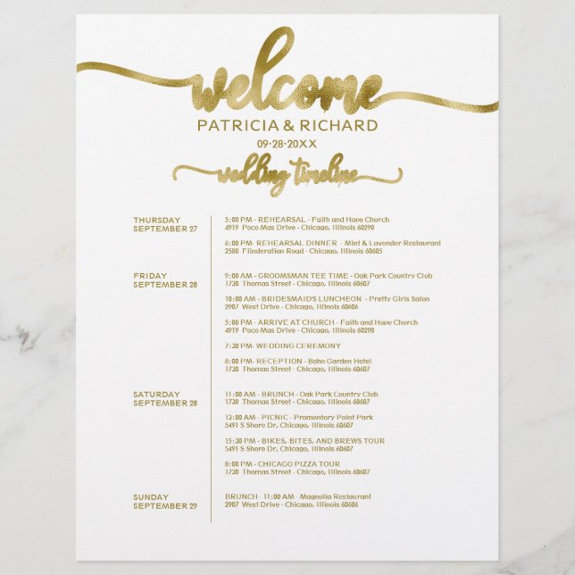 Itinerário de Fim de Semana de Casamento de 4 Dias (Frente)