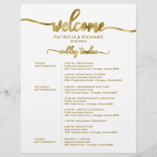 Itinerário de Fim de Semana de Casamento Linha do  (Frente)