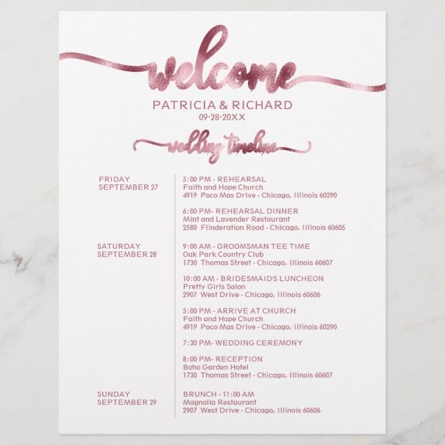 Itinerário de Fim de Semana de Casamento Linha do  (Frente)