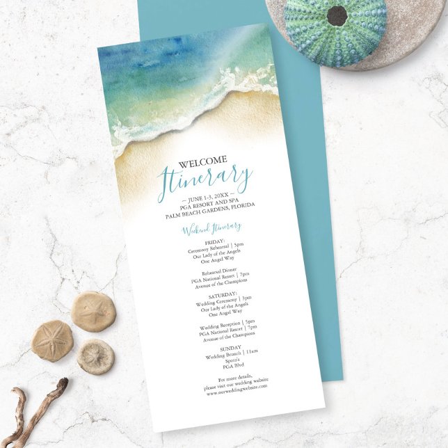 Itinerário de Fim de Semana de Casamento na Praia  (Wedding welcome itinerary watercolor seashore art by Victoria Grigaliunas of Do Tell A Belle)