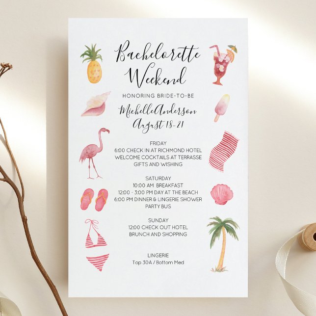 Itinerário de Fim de Semana de Despedida de Soltei (Watercolor Beach Bachelorette Weekend Itinerary Invitation)