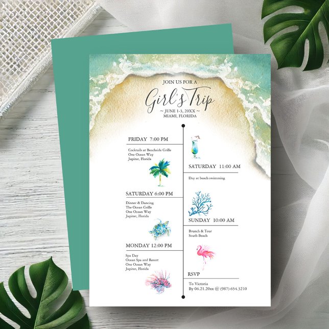 Itinerário Tropical de Raparigas festas de solteir (Beach bachelorette party invitations watercolor tropical art by Victoria Grigaliunas DoTellABelle)