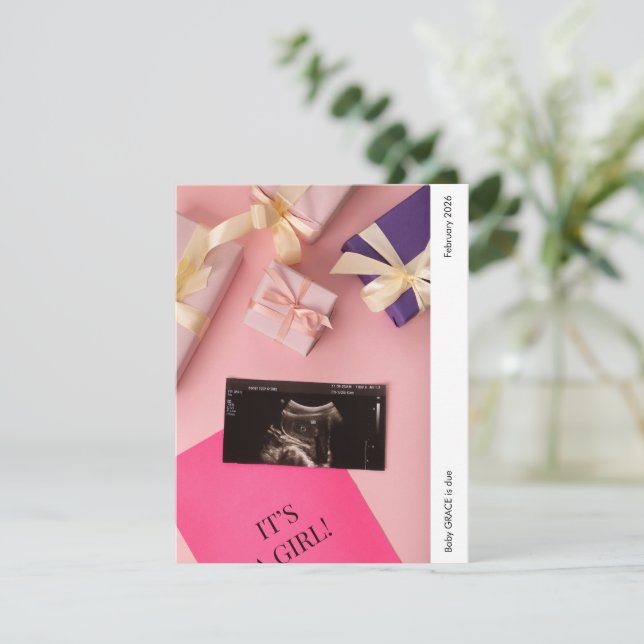 It's a Girl Photo Baby Announcement Card (Em pé/Frente)