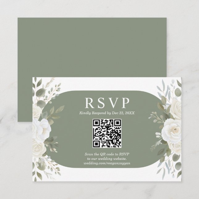 Ivory And Sage QR Code Chic Wedding RSVP Card (Frente/Verso)