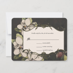 Ivory Black Green Copper Magnolia Weding RSVP