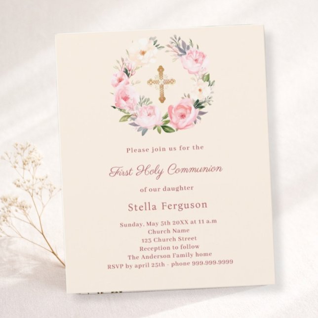 Ivory blush florals First Communion invitation (Criador carregado)