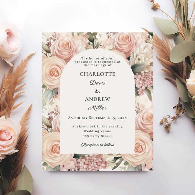 Ivory dusty rose mauve florals wedding invitation (Criador carregado)