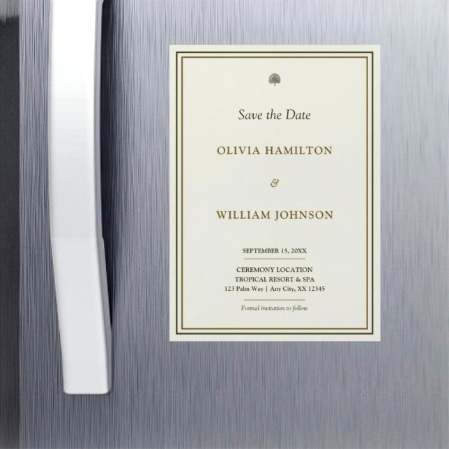 Ivory e Imã salve a data vertical Dourada (A chic 5x7 ivory and gold border Save the Date magnet your guests will love keeping on display.)