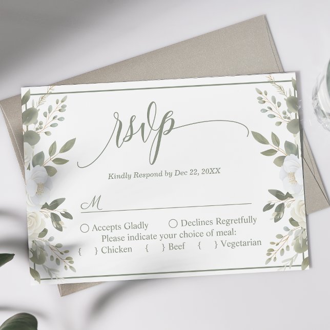 Ivory e Sage Script Floral Casamento Floral RSVP (Criador carregado)