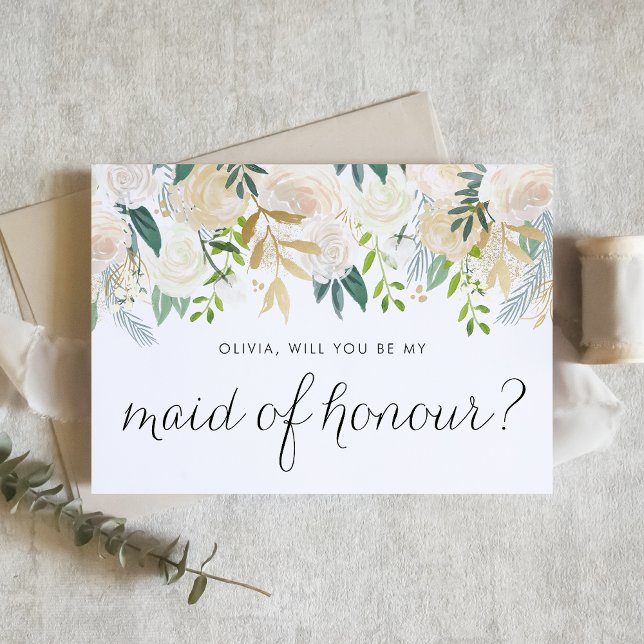 Ivory Floral Garland Você Será Minha Madrinha de c (Floral maid of honour proposal card with ivory flowers, greenery, and faux gold foil accent.)