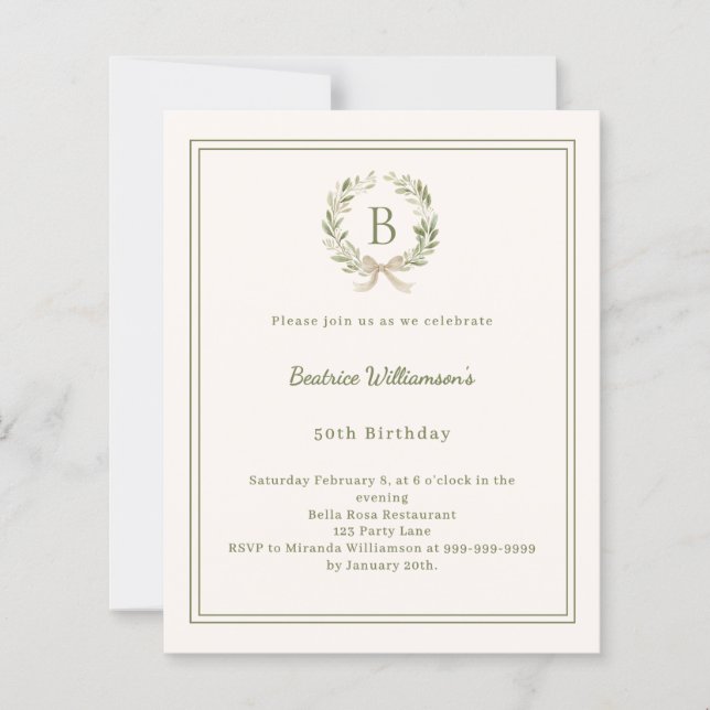 Ivory greenery wreath monogram Birthday invitation (Frente)