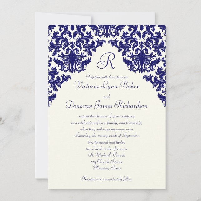 Ivory Linen e Marinho Damask Monogramed Convite (Frente)