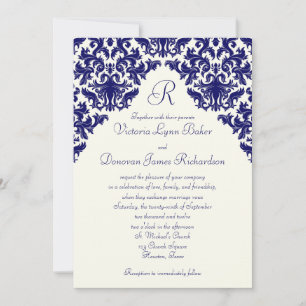 Ivory Linen e Marinho Damask Monogramed Convite
