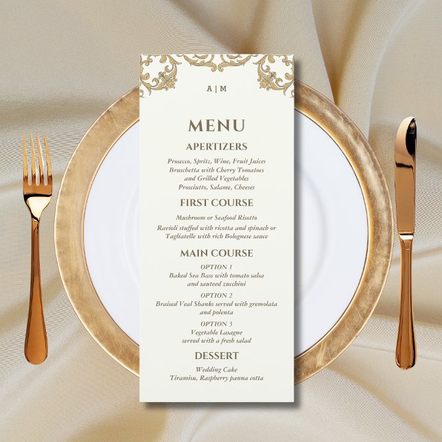 Ivory Monogram Baroque Christian Wedding Menu (Criador carregado)