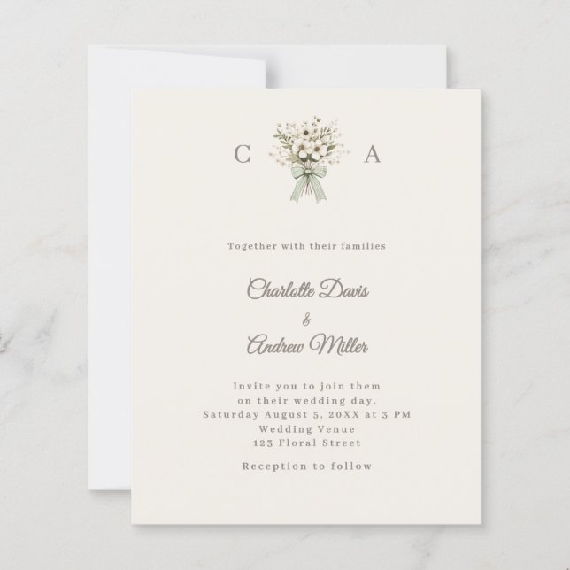 Ivory monogrammed floral green wedding invitation (Frente)