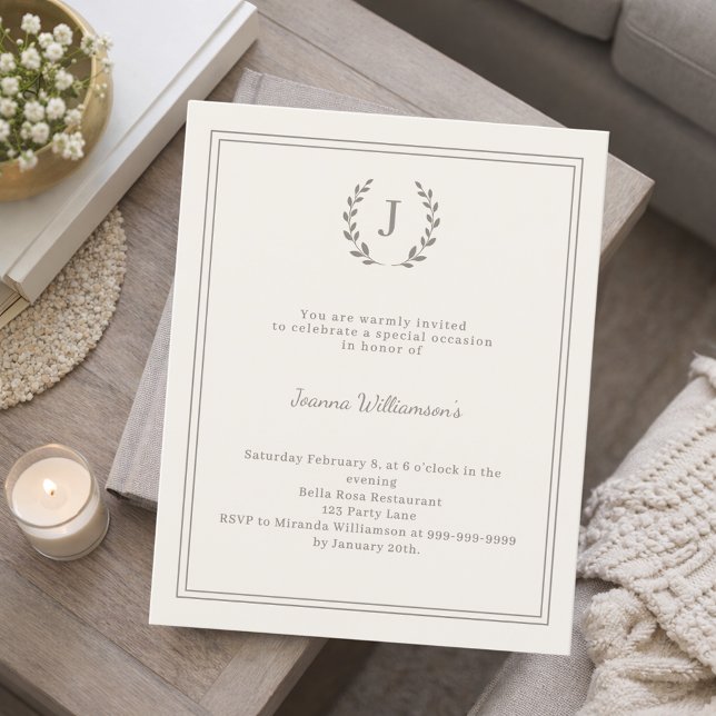 Ivory monogrammed milestone age-neutral invitation (Criador carregado)