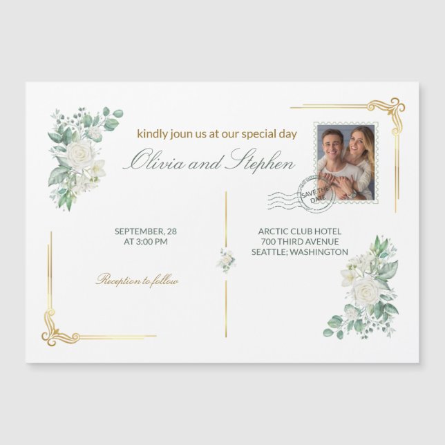 Ivory Roses floral Save the Date Magnet card (Frente)