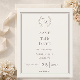 Ivory taupe monogram wreath wedding Save the Date