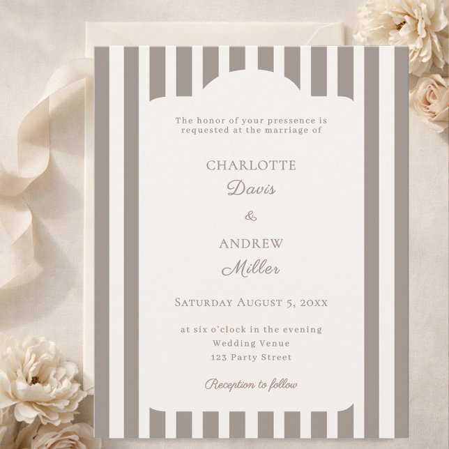 Ivory Taupe Neutral Striped Wedding invitation (Criador carregado)