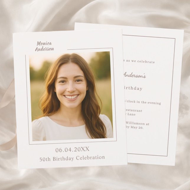 Ivory taupe photo birthday invitation (Criador carregado)